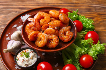 Plate of tasty shrimp tails, tomatoes and sauce on table