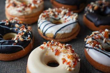 Homemade Gluten Free Donuts with Dark and White Chocolate Glaze Nougat Peanut