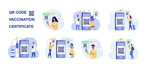 Certificate of vaccination set vector flat illustrations. Man and woman showing smartphone with vaccine QR code in mobile app or screen. Covid-19 coronavirus vaccine certificate or vaccine passport.
