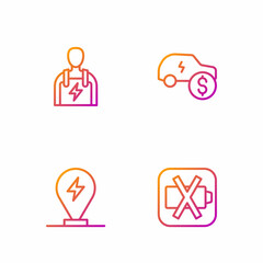 Set line Low battery, Charging parking electric car, Car mechanic and Electric price. Gradient color icons. Vector