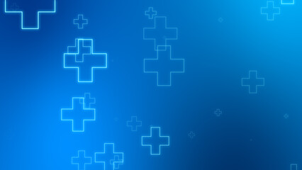 Medical health blue cross neon light shapes pattern background. Abstract healthcare technology and science concept.