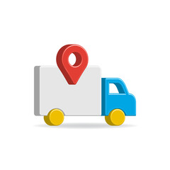Shipping truck with maps pin. Delivery location 3d icon colorful style isolated. Vector illustration