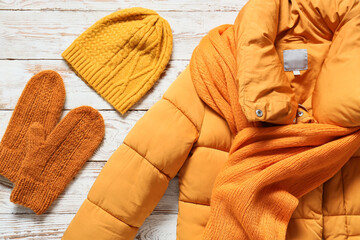 Winter jacket, hat, mittens and scarf on light wooden background