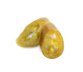 Slices of pickled green jalapeno on white background, top view