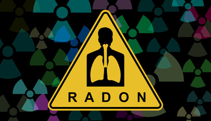 RADON. Alert signal, danger, possible lung cancer. A contaminant that affects indoor air quality worldwide. ILLUSTRATION with reference to background radiation. Noble gas. Random Symbols Fund.