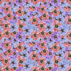 Geranium, pelargonium. Illustration, texture of flowers. Seamless pattern. Floral background, photo collage for production of textile, cotton fabric. For wallpaper, covers.