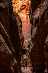 Beautiful Sandstone Wall Glows Orange At The End Of Slot Canyon Corridor