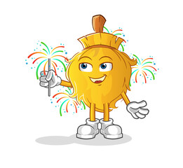 broom with fireworks mascot. cartoon vector
