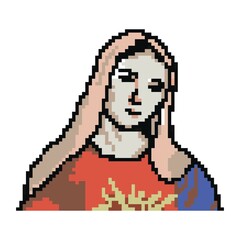 Pixel art concept of a woman with brown hair in a red dress posing with a charming face