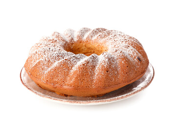 Plate with tasty Easter cake on white background