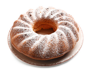 Plate with tasty Easter cake on white background