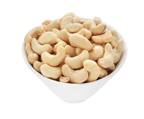Bowl of tasty organic cashew nuts isolated on white