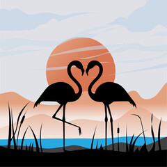 two flamingo silhouette shaped of heart vector