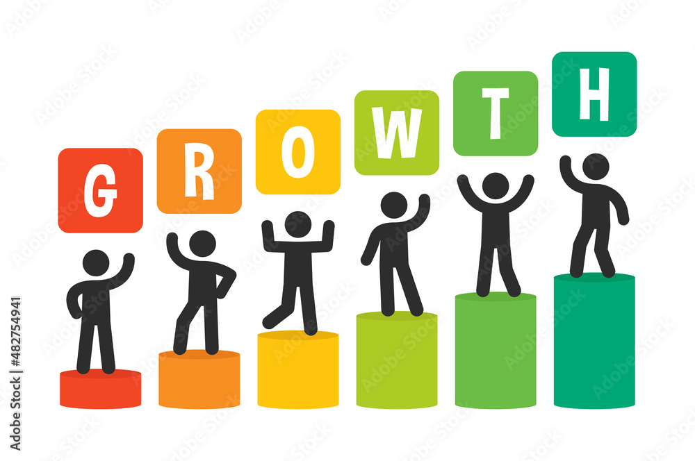 Aufkleber characters of people and performance growth icon. group of people standing and holding growth banner