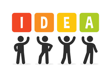 Group of people standing and holding Idea banner sign in colorful design.