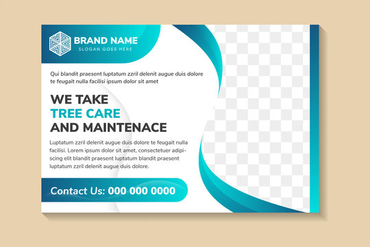 We Take Tree Care And Maintenance Flyer Design Template. Blue Gradient Elements In Horizontal Layout.  Report Business Leaflet White Cover Presentation Modern Background. Space For Photo.