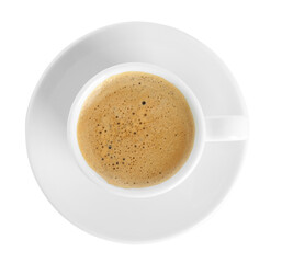 Cup of tasty coffee isolated on white, top view