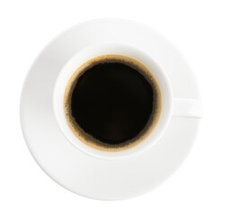 Cup of tasty coffee isolated on white, top view