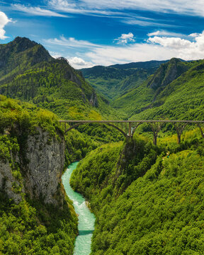 Aerial view of Djurdjevica bridge over the river Tara in Montenegro, Europe