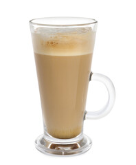 Glass cup of aromatic coffee with milk isolated on white
