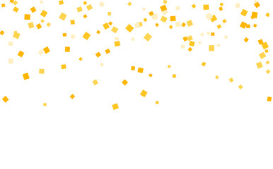 Stylish gold square confetti tinsels falling on white. Luxurious Confetti Fall From Top To Bottom. Postcard Square Design eps.10