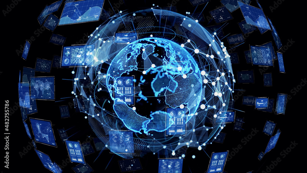 Poster Global communication network concept. Digital transformation. DX.
