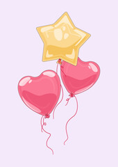 Balony w kształcie serca i w kształcie gwiazdki. Wektorowa ilustracja imprezowych baloników wypełnionych helem w radosnych kolorach. Dekoracje na urodziny, baby shower, walentynki, uroczystość. - obrazy, fototapety, plakaty