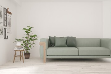 White living room with sofa. Scandinavian interior design. 3D illustration