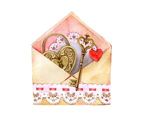 Love and Letters. Cliparts of romantic letters and envelopes. romantic compositions. Mother's Day, Valentine's Day. Hand drawn watercolor illustrations