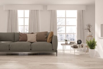 White living room with sofa and winter landscape in window. Scandinavian interior design. 3D illustration