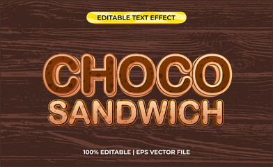 Choco sandwich 3d text effect with brown chocolate theme. typography template for sweet chocolate products.