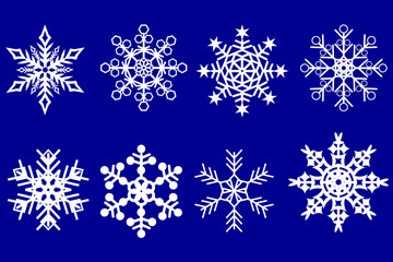 Set of different snowflakes on a blue background. Snowflake stencil. Vector illustaration
