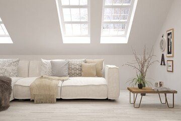 White living room with sofa. Scandinavian interior design. 3D illustration