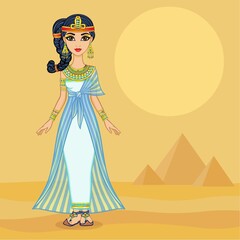 Animation Egyptian princess in ancient clothes and gold jewelry. Hair locon of youth. Queen, goddess, princess. Full growth. Vector illustration. Background - desert landscape, pyramids.