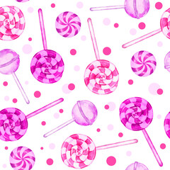 Watercolor hand drawn seamless pattern with pastel pink lollipop candies sweets had sugar cotton candy caramel. Sweet dessert food for girl birthday party. Print for wrapping paper textile.