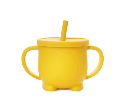 Plastic Baby Cup With Lid And Straw Isolated On White