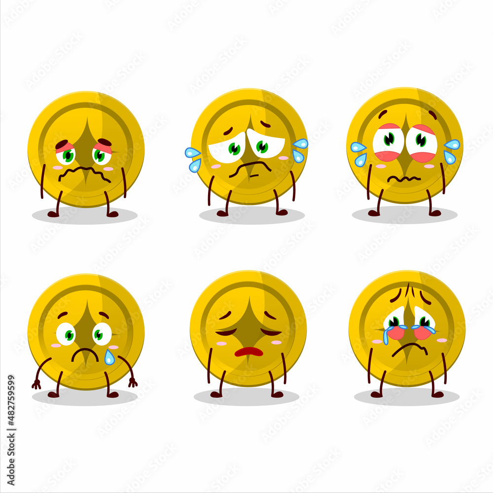 Sticker gold coin cartoon character with sad expression