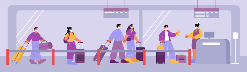 Queue in airport, people waiting in line for registration check in. Passengers characters in medic masks prepare documents for passport control desk. Men and women boarding Cartoon vector illustration