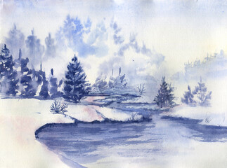 Landscape with misty winter forest, river and mountains. Watercolor illustration. Oriental painting