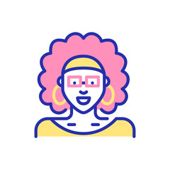 Girl with curly hair in a headband. African ethnicity person. Pixel perfect, editable stroke fun color avatar icon