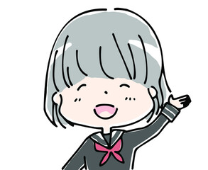 笑顔で手をあげるセーラー服の女子学生