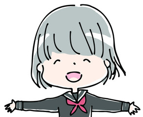 両手を広げた笑顔のセーラー服の女子学生