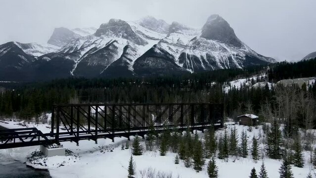 Pan left of Engine Bridge Canmore winter