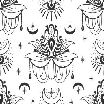 Mystic seamless pattern hamsa and evil eye symbol.Esoteric magic occult amulet.Abstract hand drawn style.