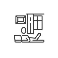 Man using laptop while lying on floor line icon