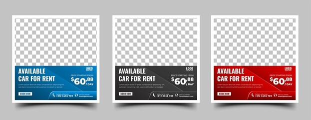 Set of Editable square banner design template for car rental promotion. Modern background with place for the photo. Usable for social media post, banner, story, and web ad.
