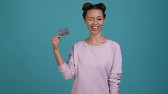 Lady customer show credit card make okay sign isolated shine color background