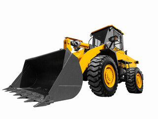 Yellow front loader on a white background. Backhoe loader yellow on a white background