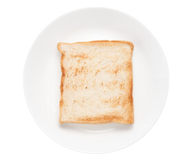 Slices toast bread in dish on white background