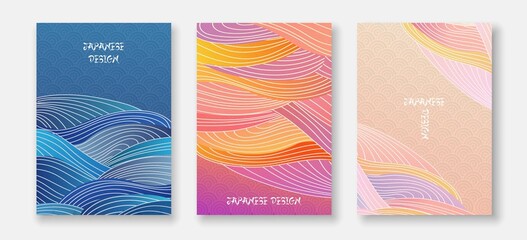 Poster Set in Japanese Style, Abstract Backgrounds with Waves Textures. Japanese Abstract Template Set with Wave Pattern. Vector EPS 10